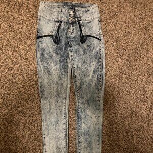 Sexsi Pompis Embellished Acid Wash Jeans Size 1 Light Blue High Waist Button Zip